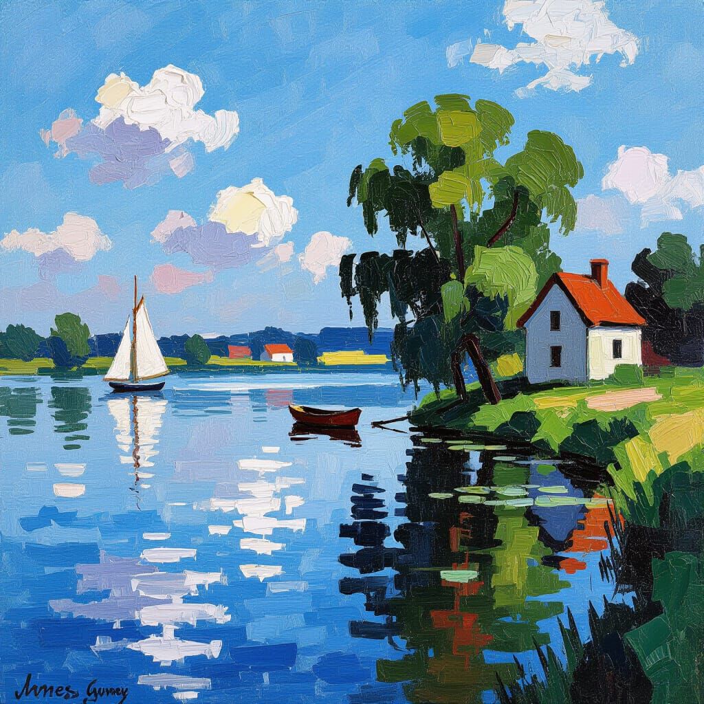 Impressionist Lake Landscape in Monet Style