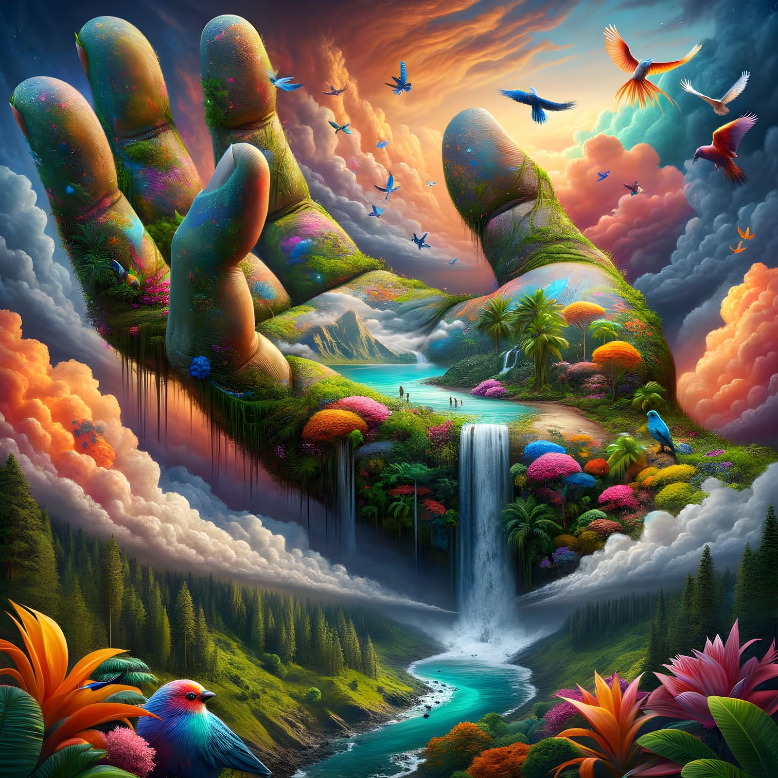 Colossal Hand Holding Tropical Paradise in Digital Art