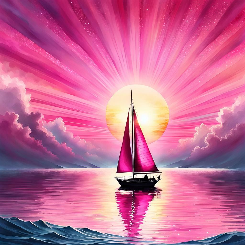 Pink Sailboat Silhouetted by Rising Sun, Digital Watercolor