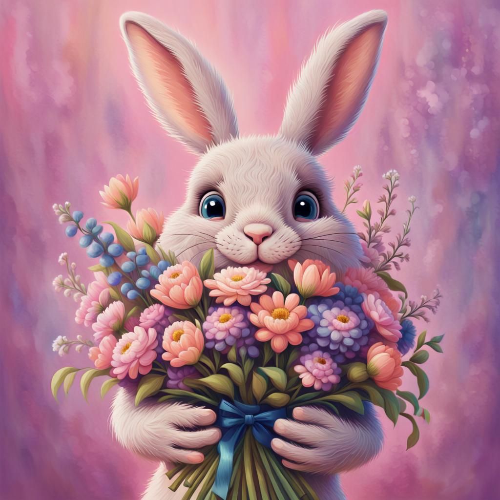 Cartoon Rabbit with Flowers in Fantasy Concept Art