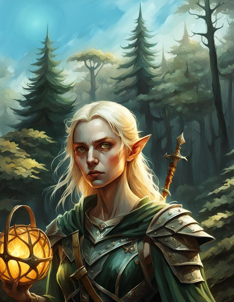 Half-Elf Warrior in Shadowed Forest, Gothic Fantasy Art