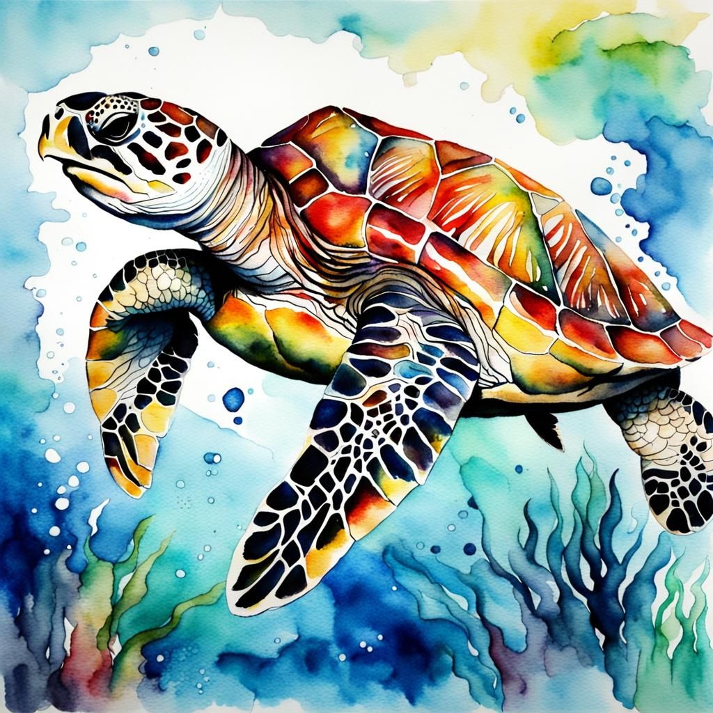 Watercolor Sea Turtle Swimming Underwater