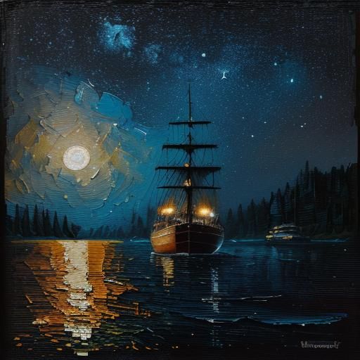 Moonlit Boat in Impasto Neo-Impressionist Style