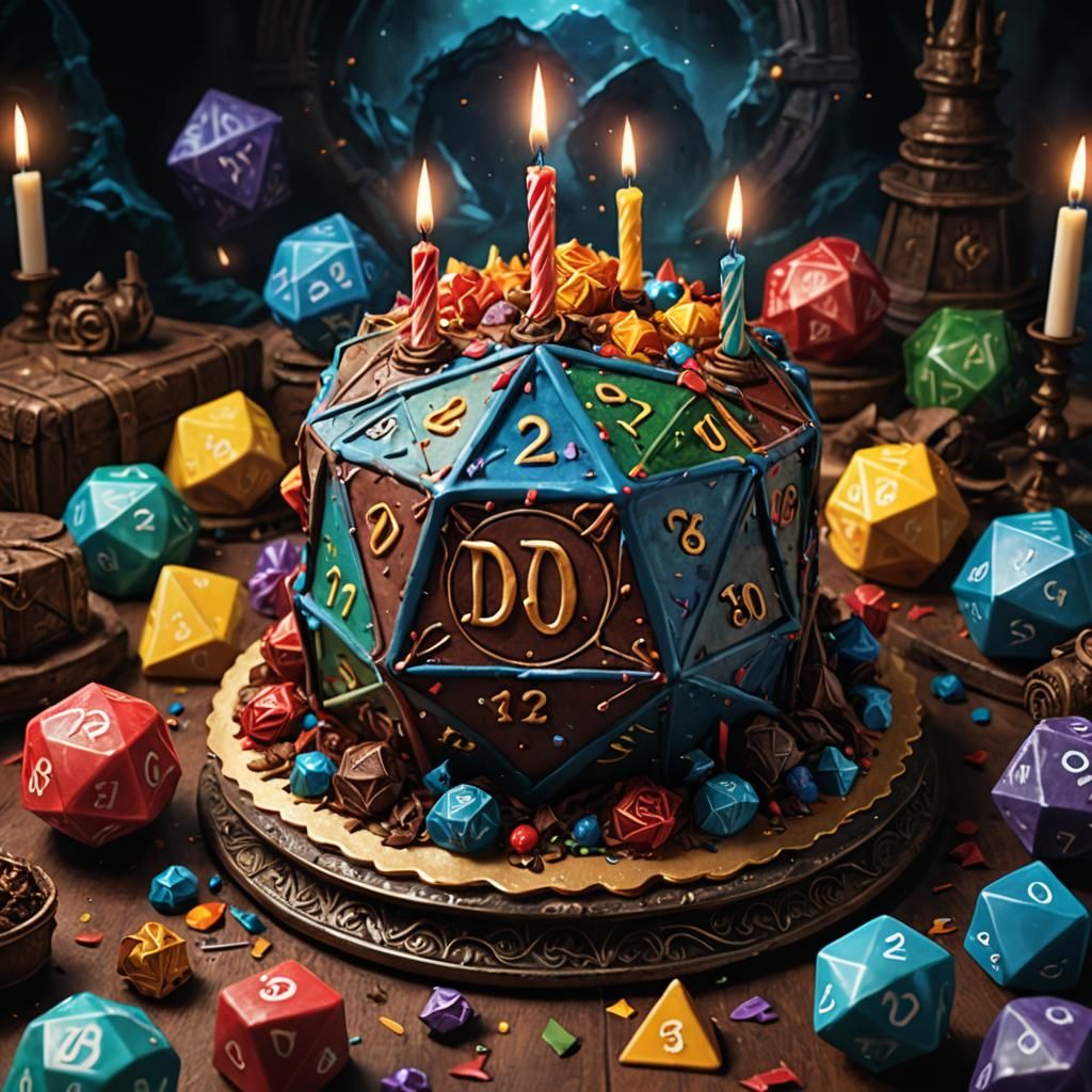 D20 Birthday Cake: Detailed Fantasy Concept Art