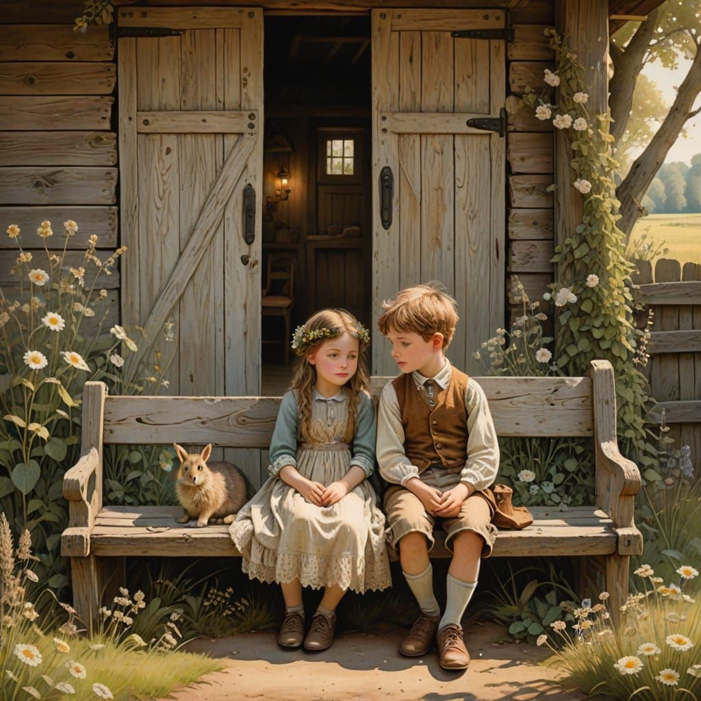 Whimsical Children's Scene in 19th Century Vintage Barn Sett...