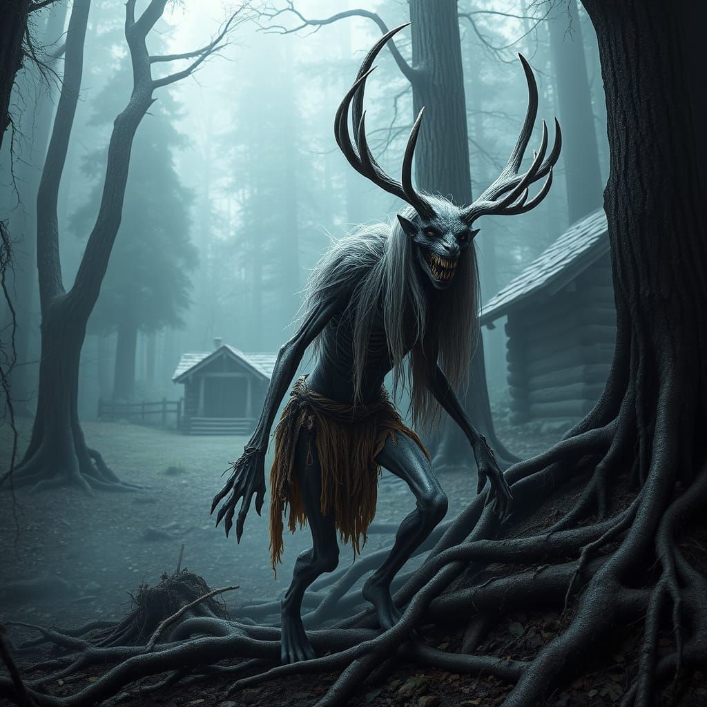 Ethereal Wendigo Emerges from Forest Shadows
