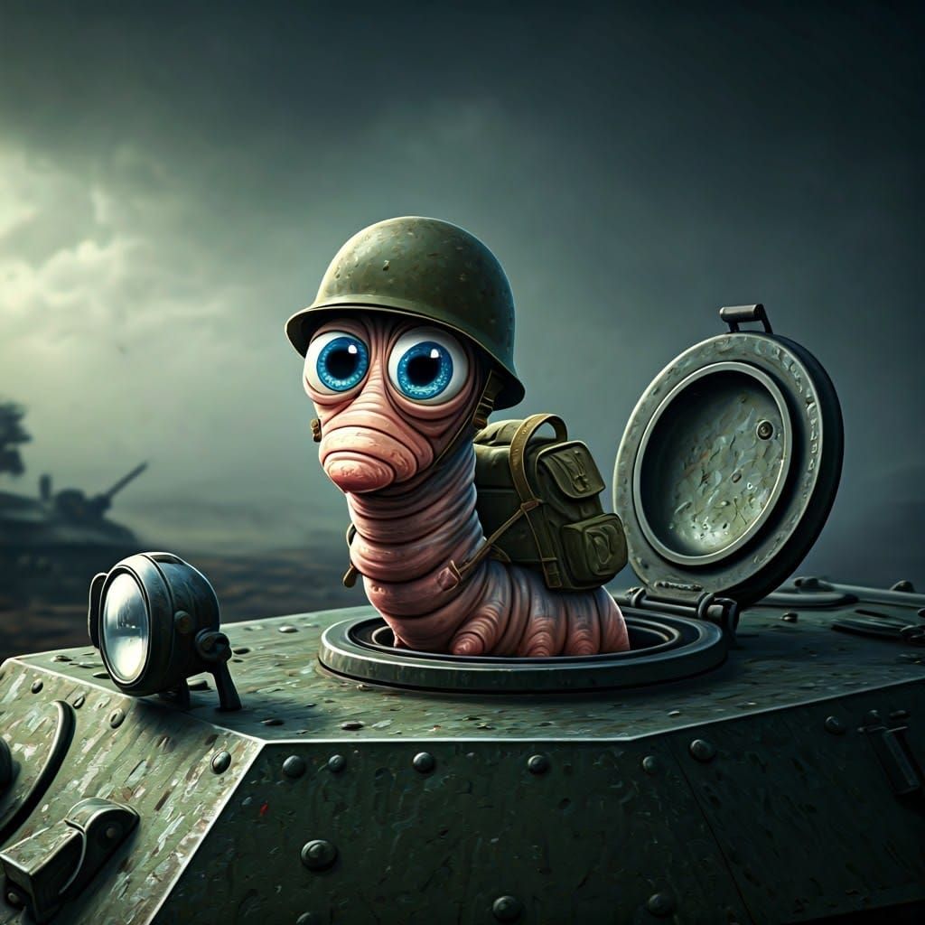 Whimsical Soldier in War-Torn Landscape