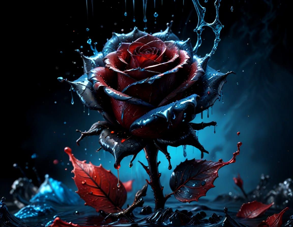 Dramatic Splash of Dark Red Water on a Black Rose in Hyperre...