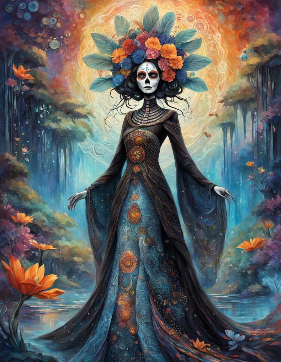 Regal Catrina Figure With Data Eyes in Ethereal Landscape
