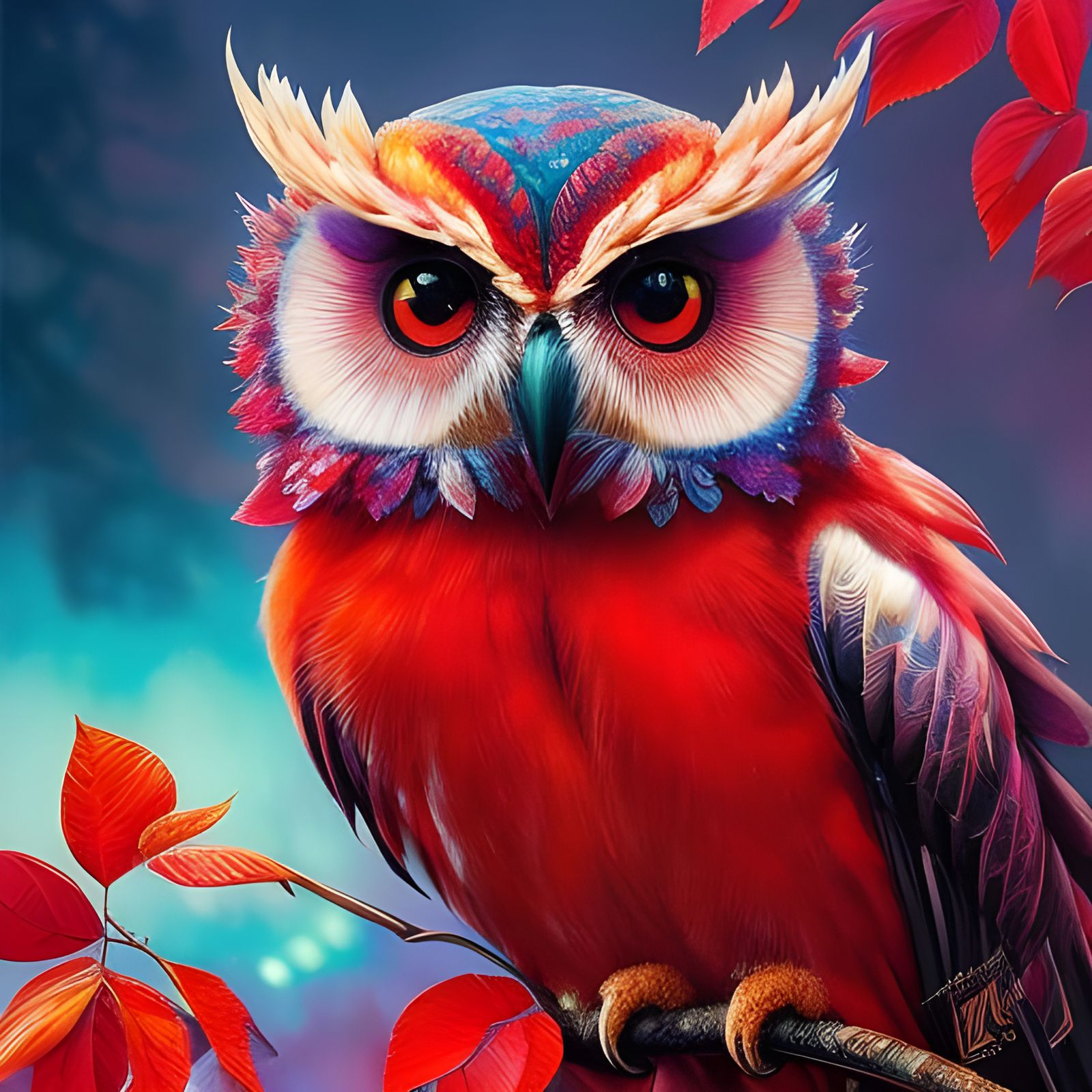 Rainbow Owl: Liquid Ink Portrait in Red Hues