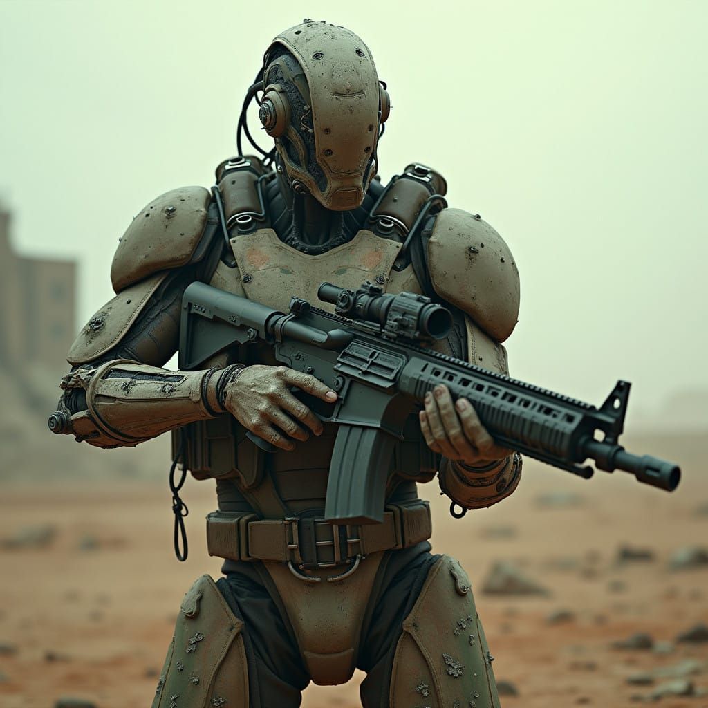 Cyborg Warrior with Futuristic Assault Rifles in a Post-Apoc...