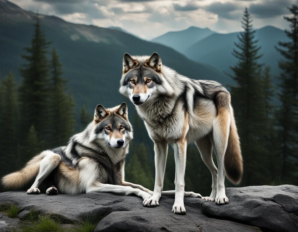 Grey Wolves in Mountain Habitat: Ultra Realistic Photo