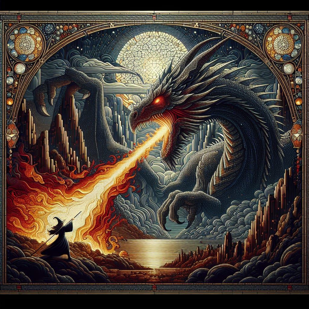 Dragon and Wizard Epic Glass Mosaic in Art Nouveau Style