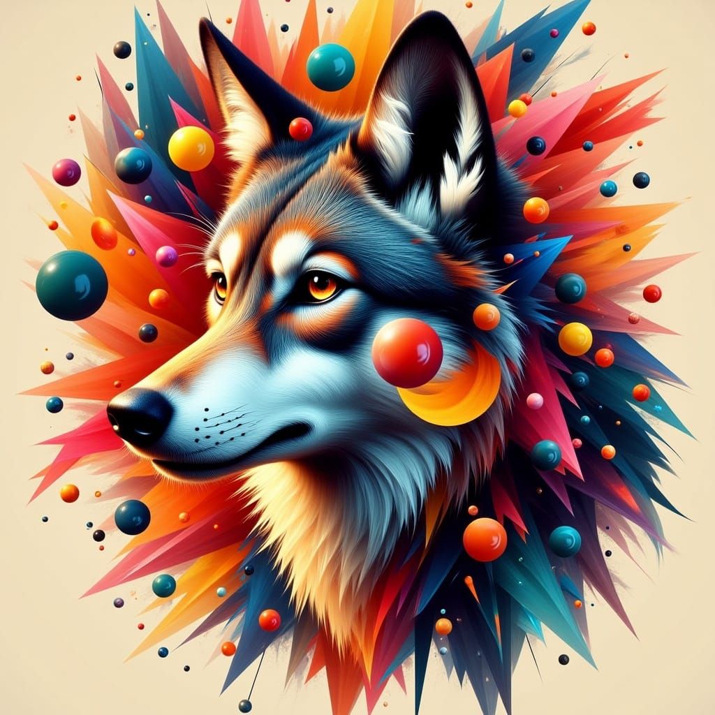 Geometric Wolf Portrait in Bauhaus Pop Art Style