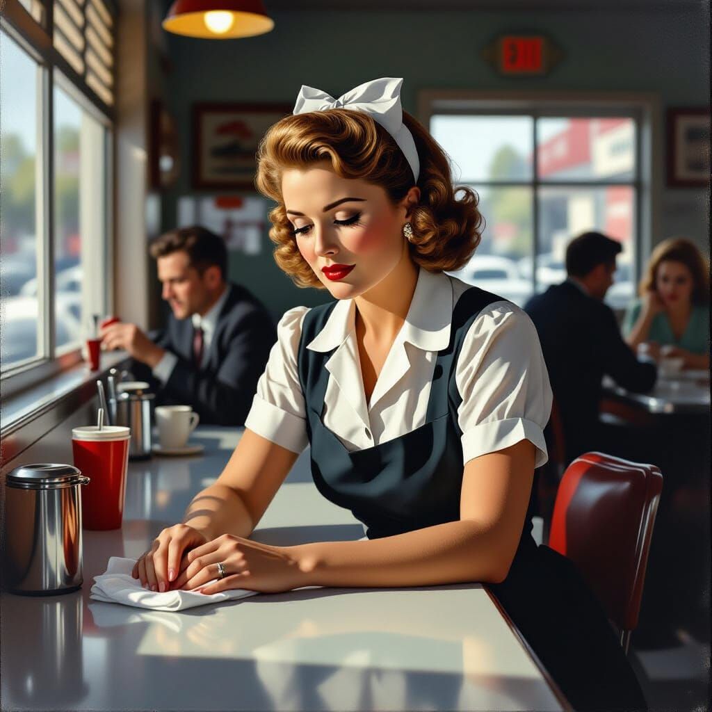 Barbara Stanwyck as Tired Waitress in Film Noir Diner