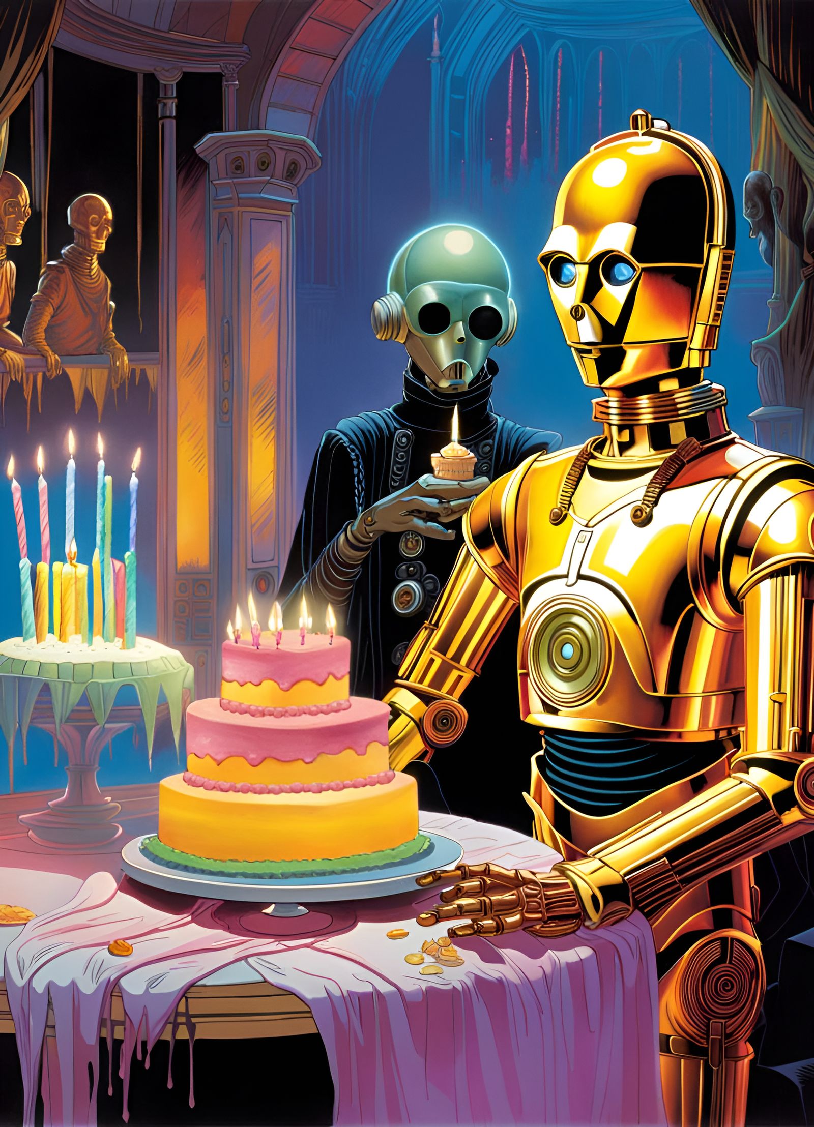 C-3PO's Haunted Birthday: A Sci-Fi Oil Painting