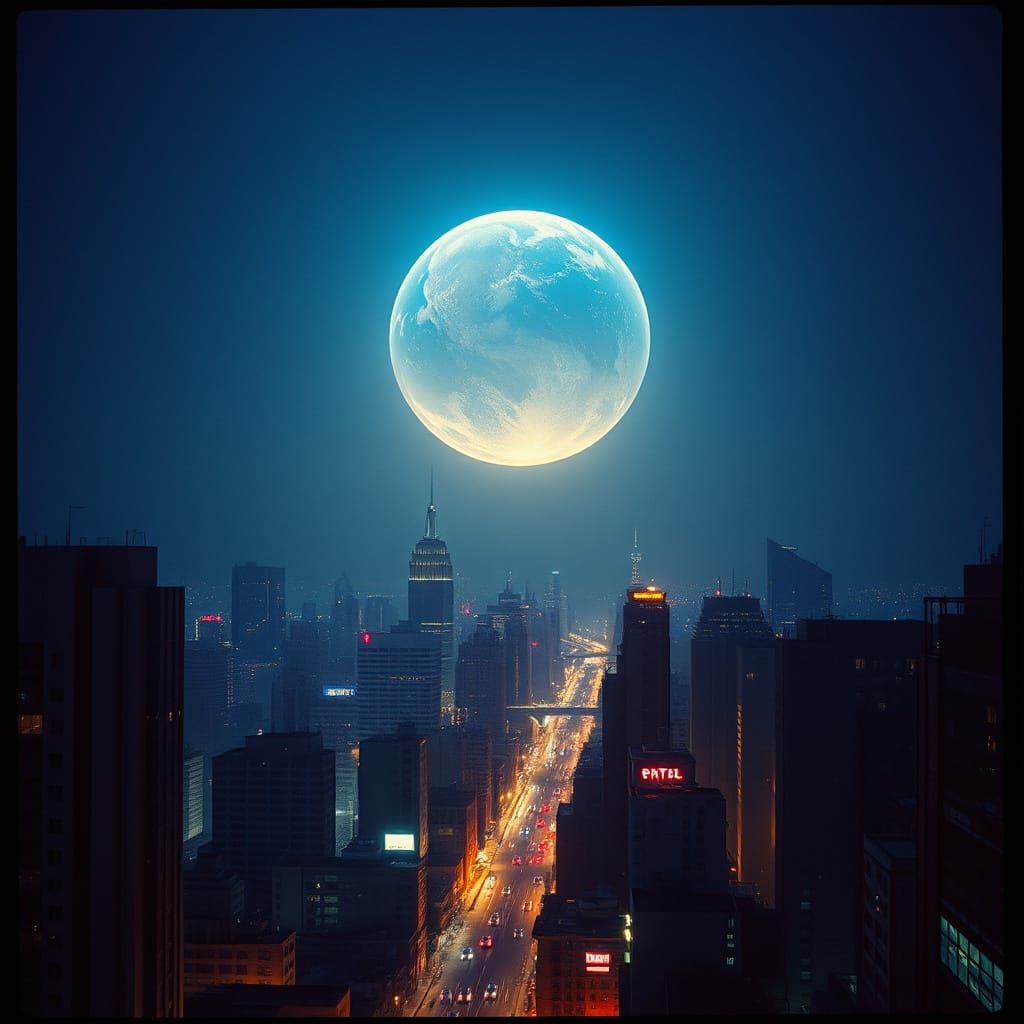 Glowing Metropolis Under a Radiant Earth