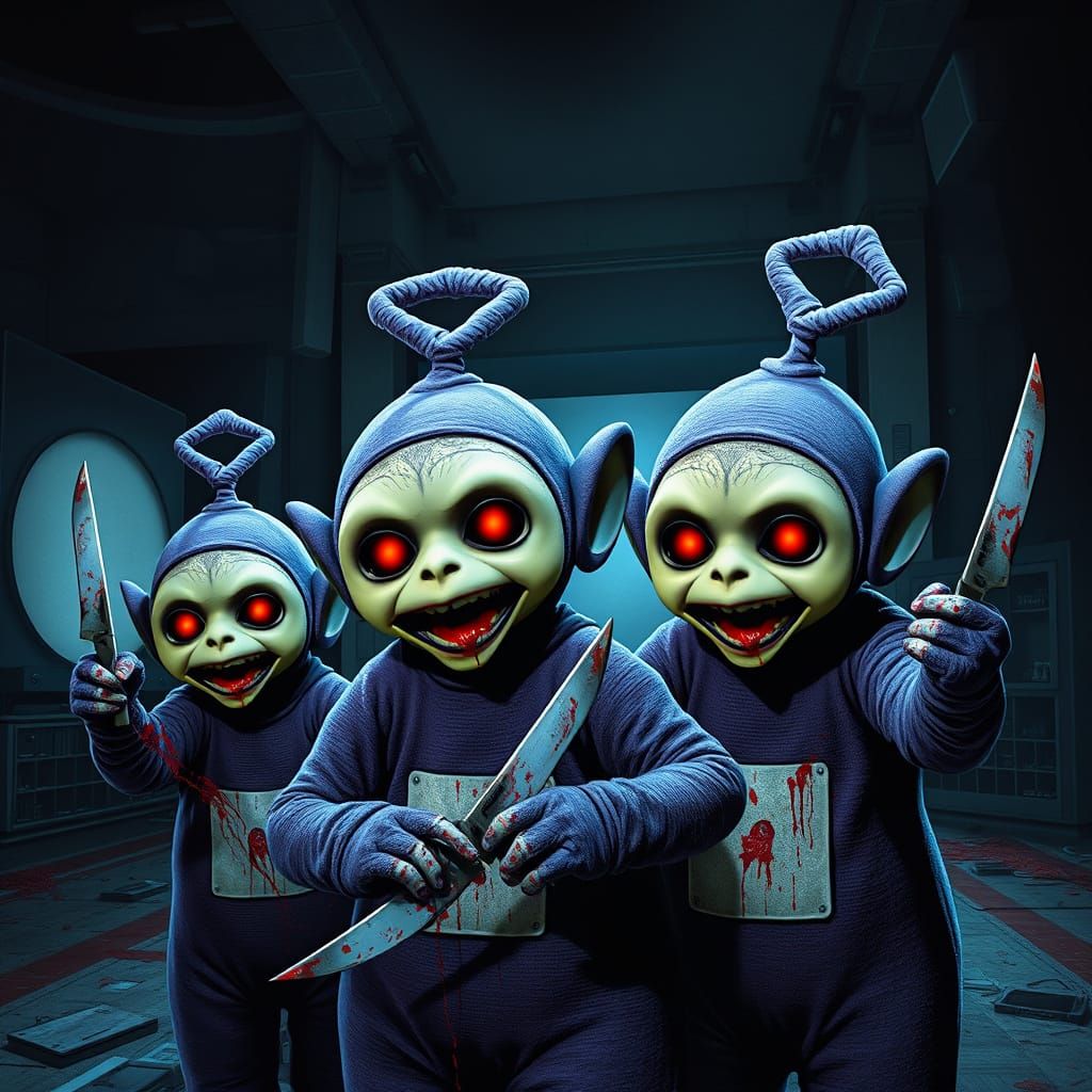 Creepy Undead Teletubbies in Dark Fantasy Style