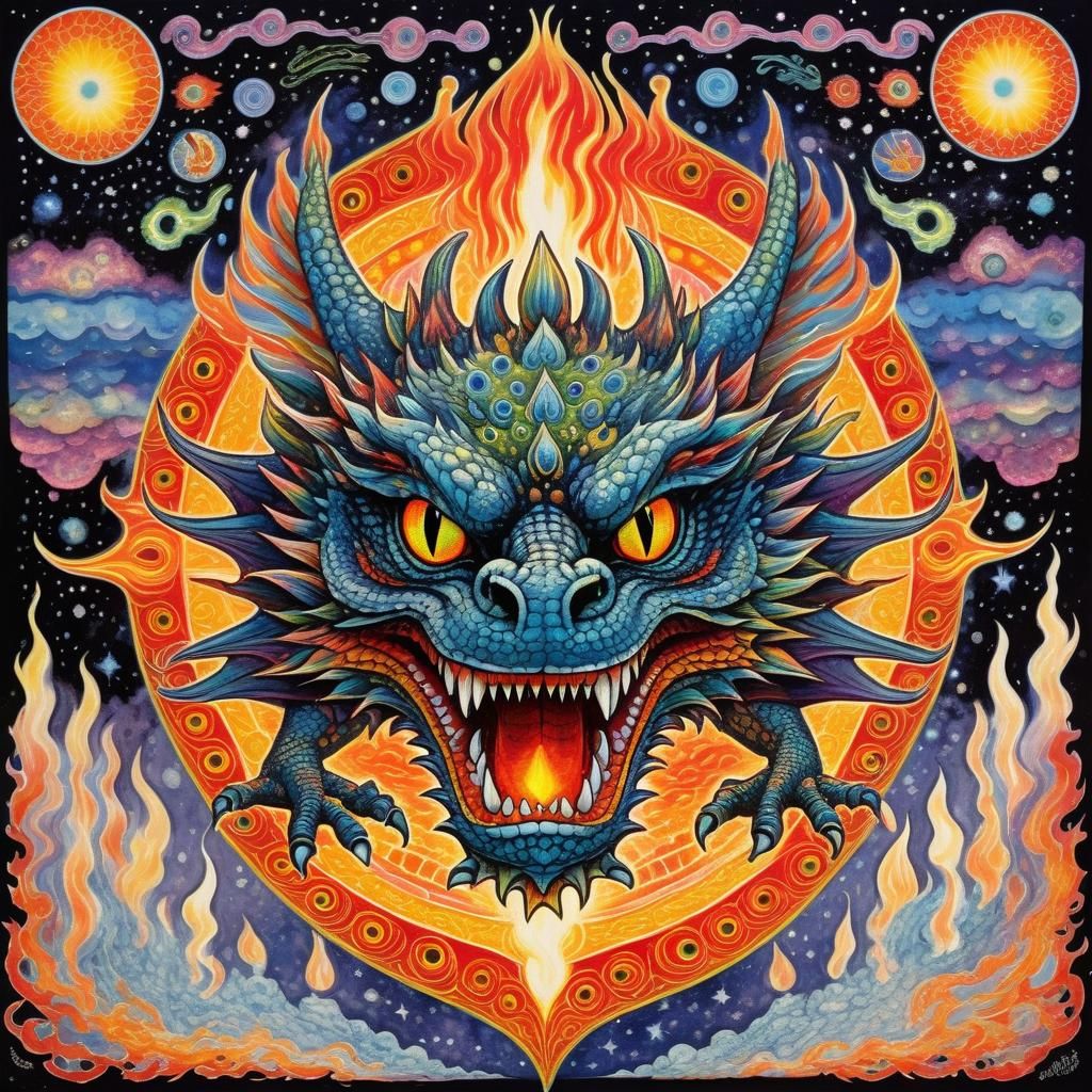Psychedelic Fire Dragon in Cosmic Flames