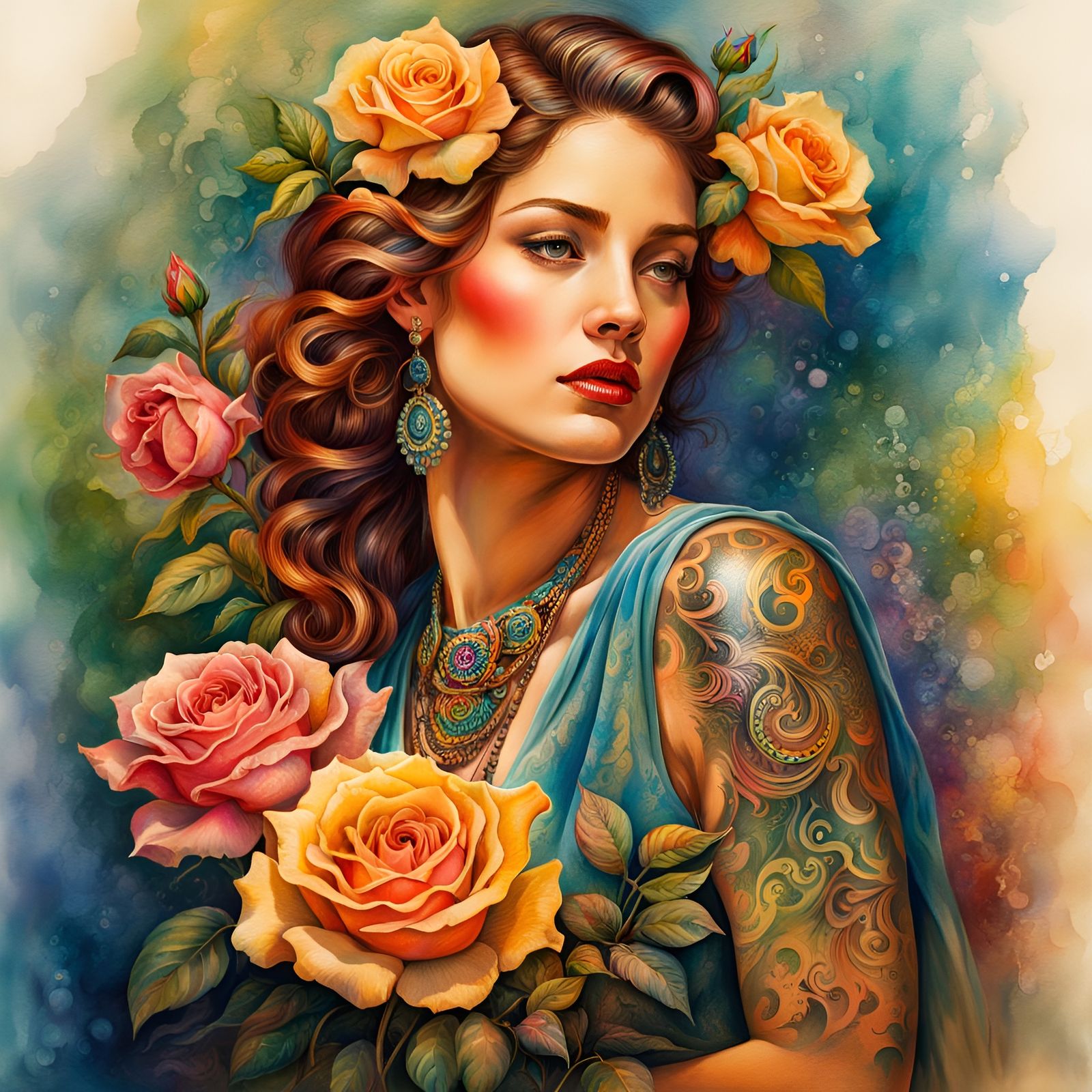 Rose Tattoo: Artistic Watercolor Illustration of Woman