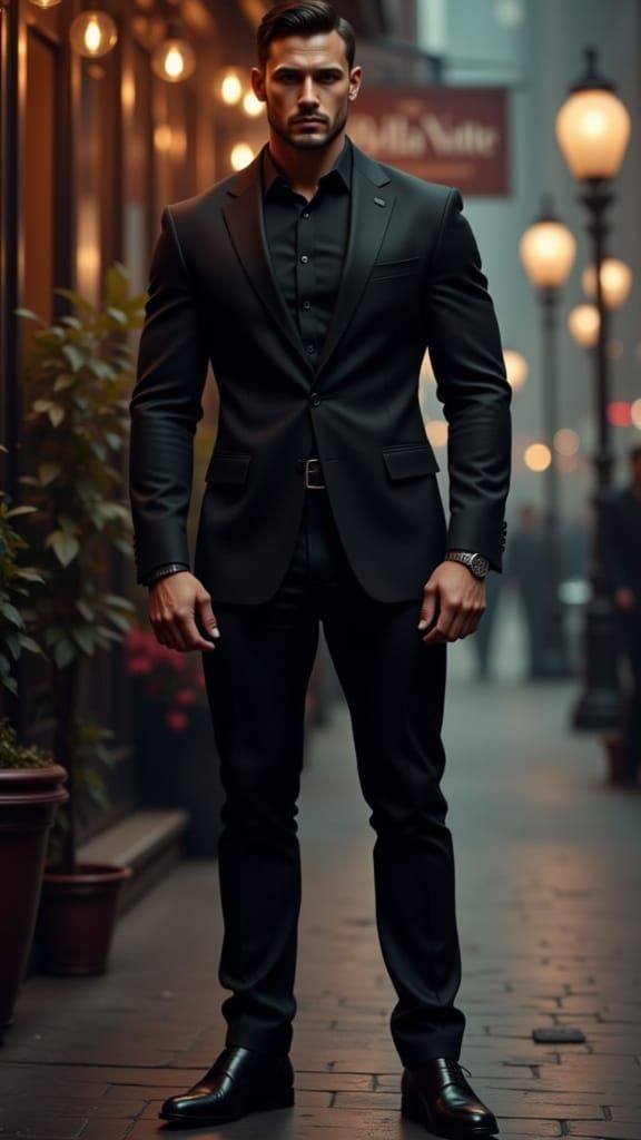 Striking Italian Man in Black Suit on Upper East Side