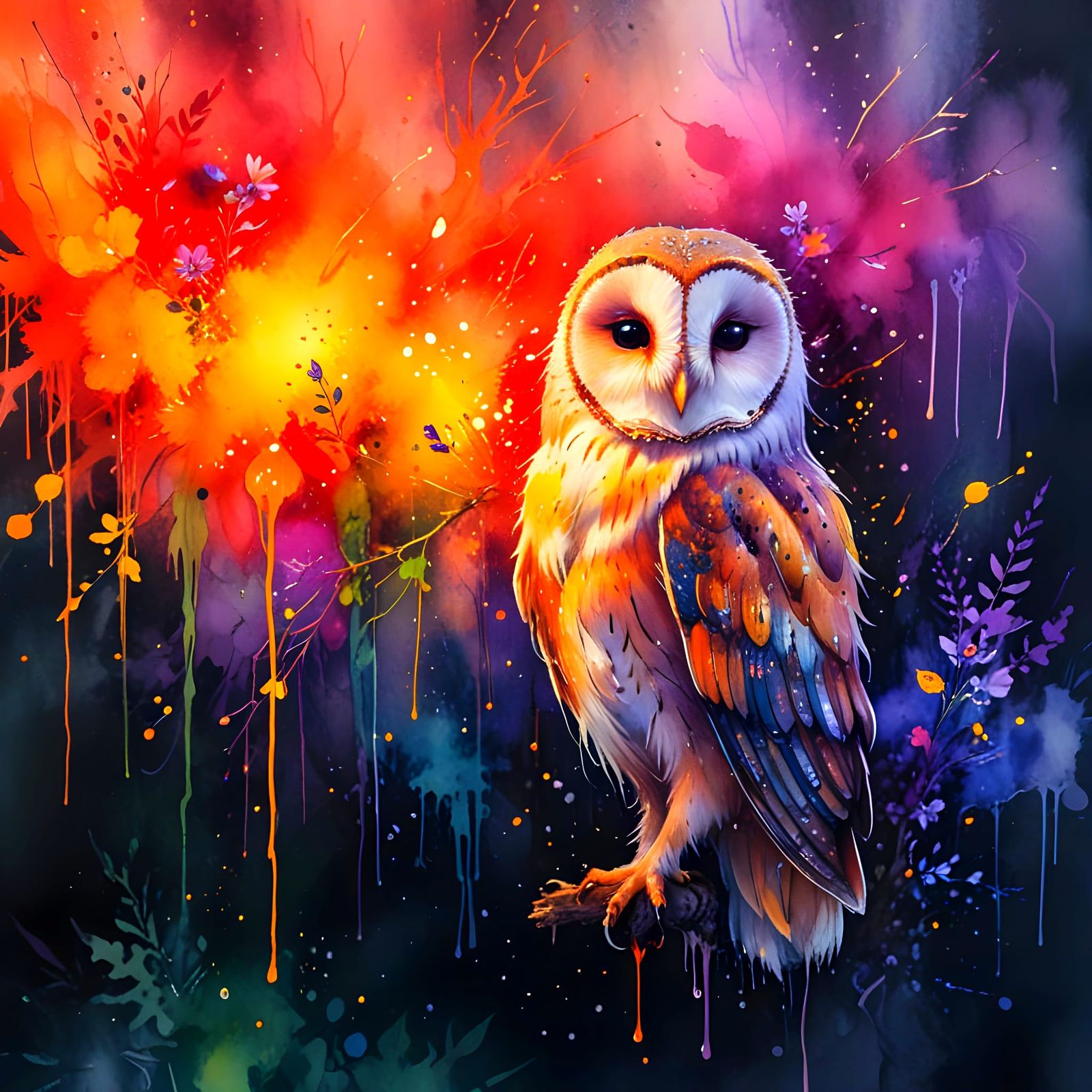 Vibrant Barn Owl in Forest, Carne Griffiths Style Watercolor