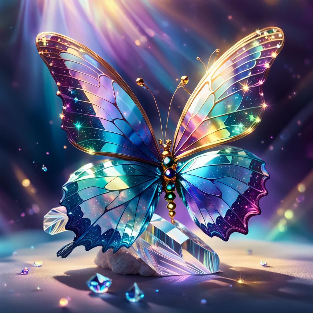 Crystal Butterfly in Dreamlike Fantasy Landscape