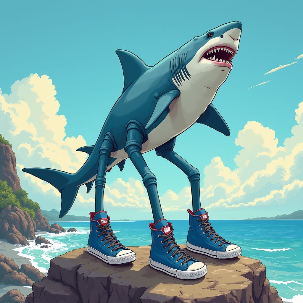 Shark in Vibrant, Stylized Illustration with Blue Nike Shoes