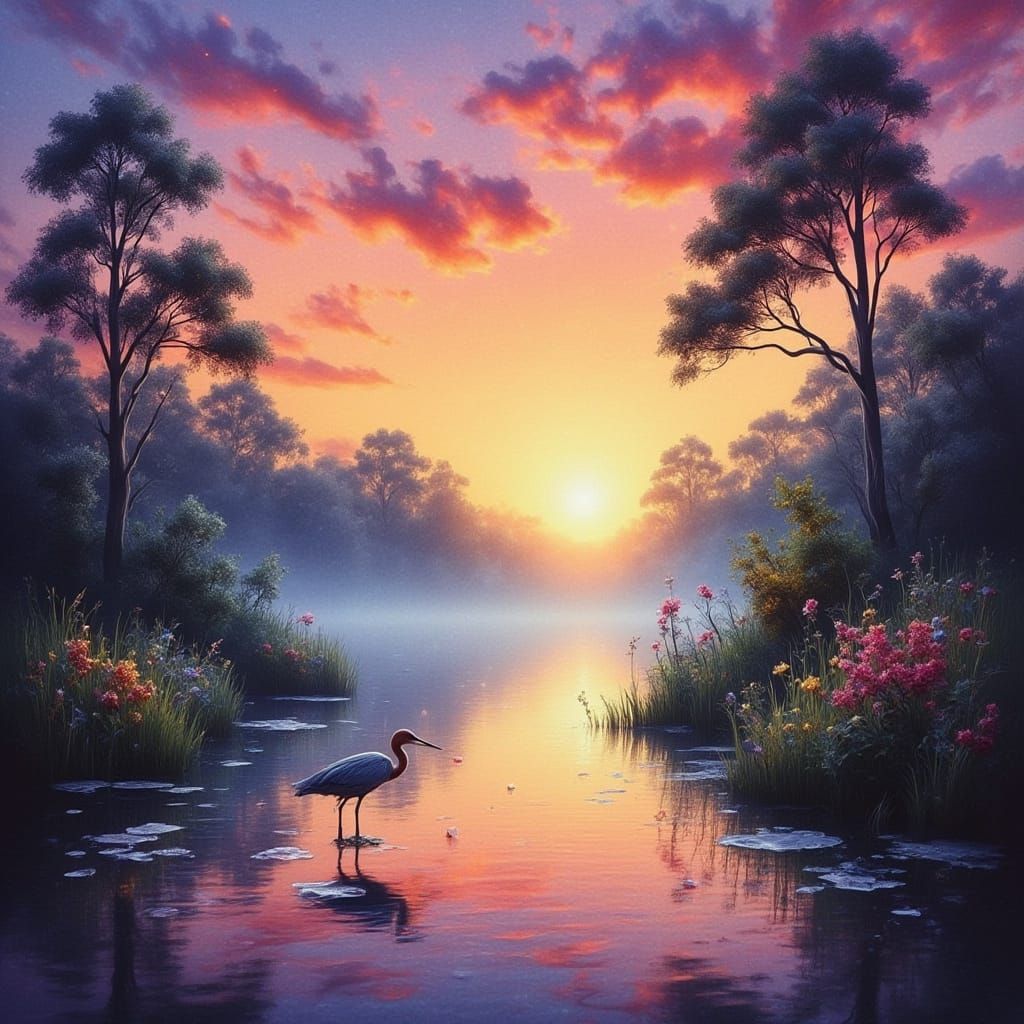 Heron Feeding in Vibrant Sunset Mist