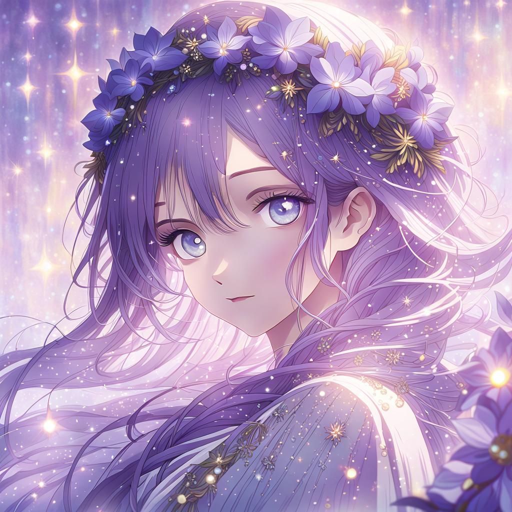 Anime Girl Portrait with Purple Flowers in Manga Style