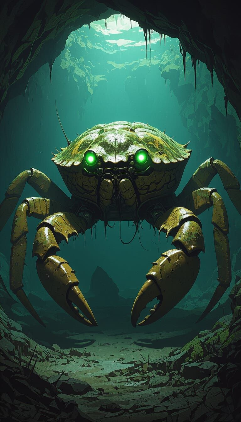 Terrifying Giant Crab in Underwater Cave, Dark Art