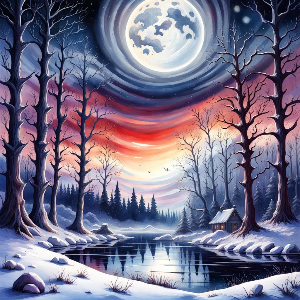 Gothic Winter Landscape in Watercolor Style