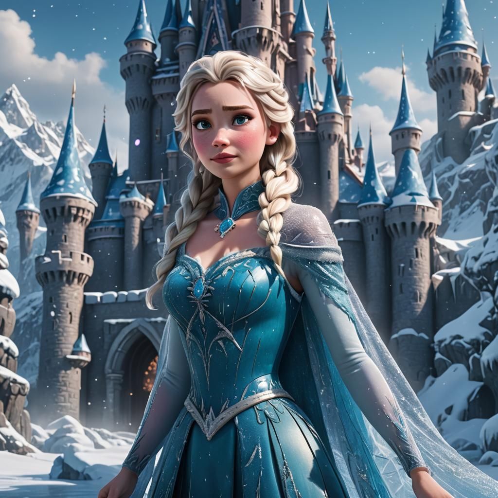 Princess Elsa in Disney Style with Ice Castle