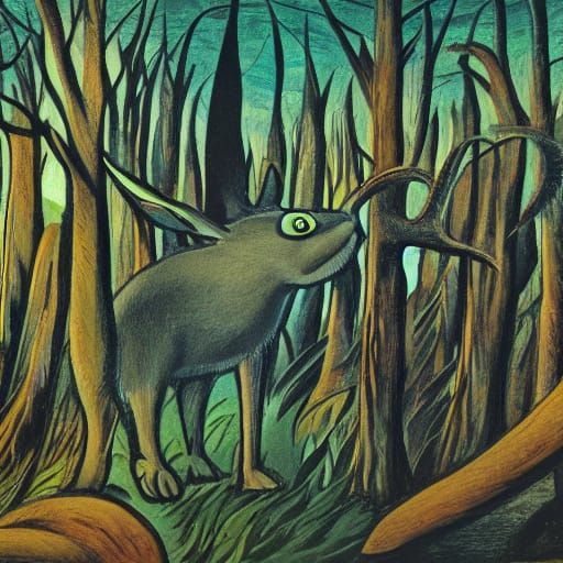 Expressionist Monster Rabbit in Mystical Forest