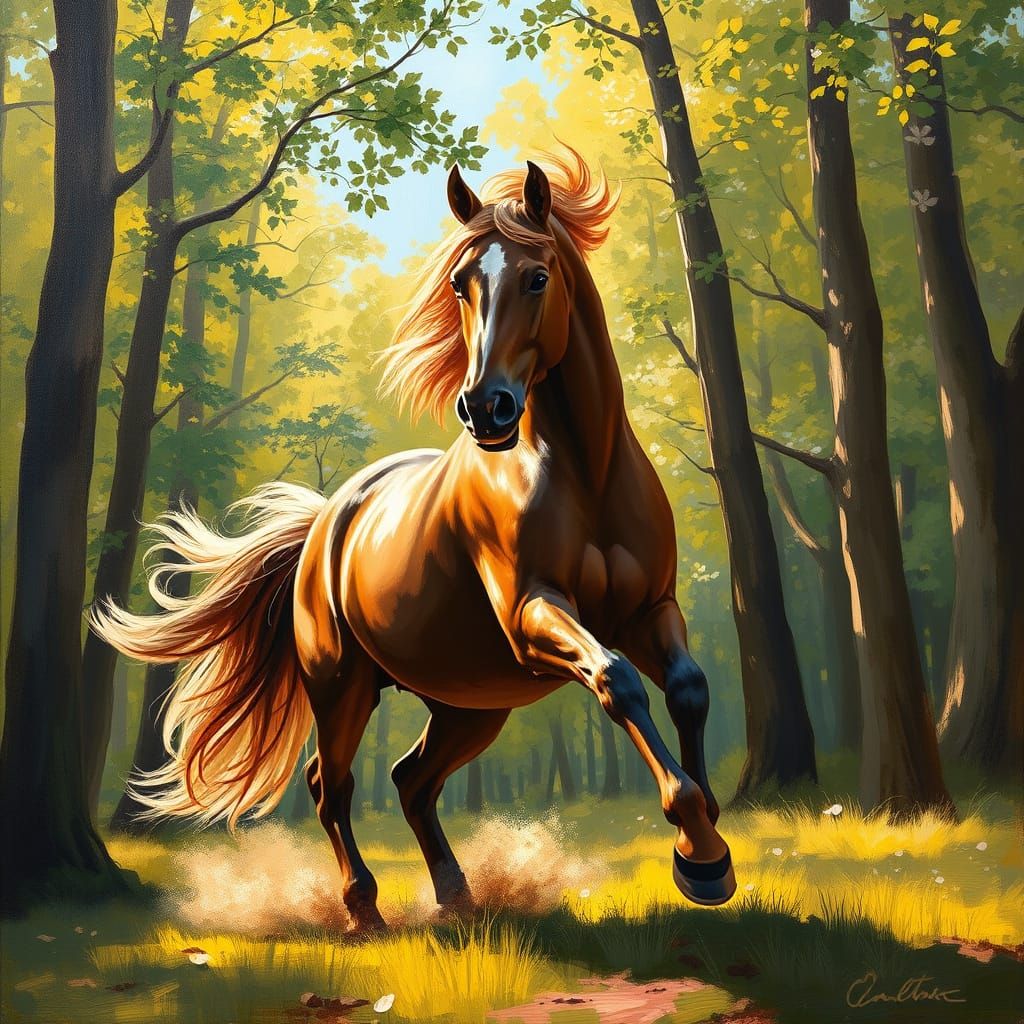 Majestic Horse Gallops Through Dappled Forest
