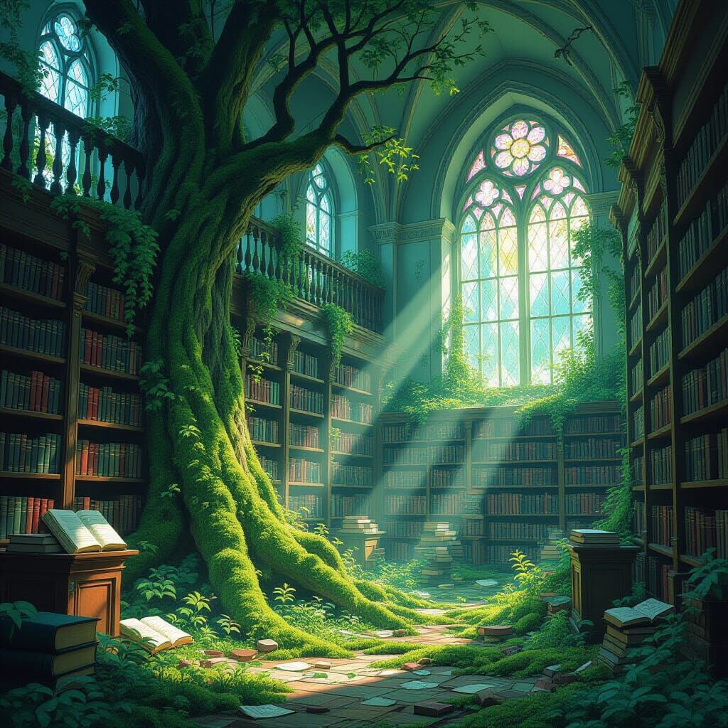 Overgrown Library Reclaimed by Nature in Ghibli Style