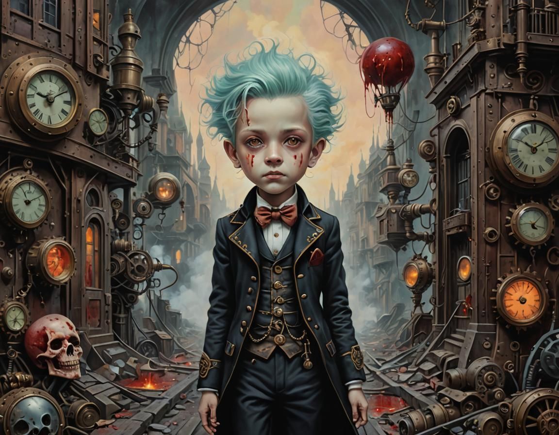 Creepy Gothic Orphan Boy in Dark Steampunk Style