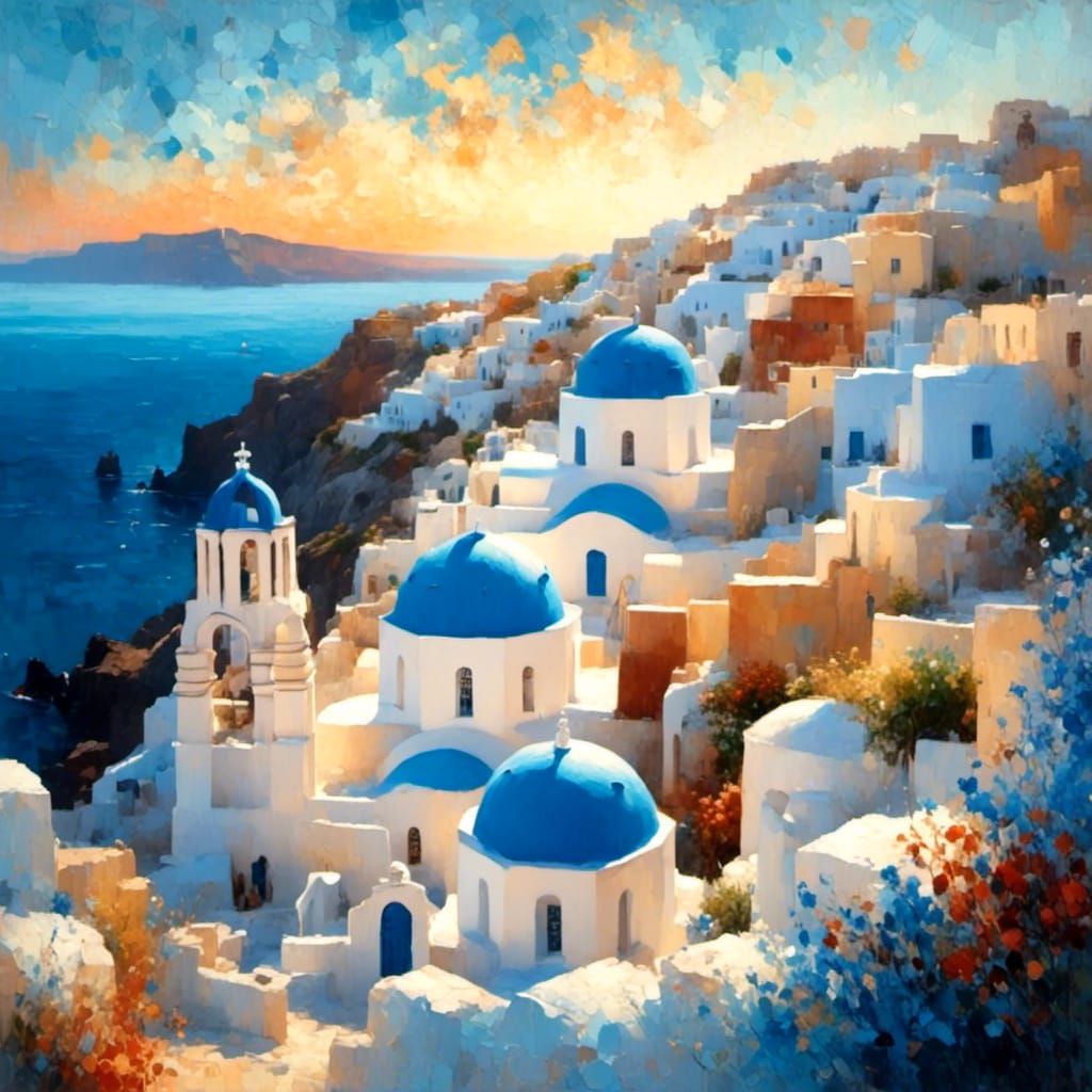 Santorini in Impressionist Oil Painting Style