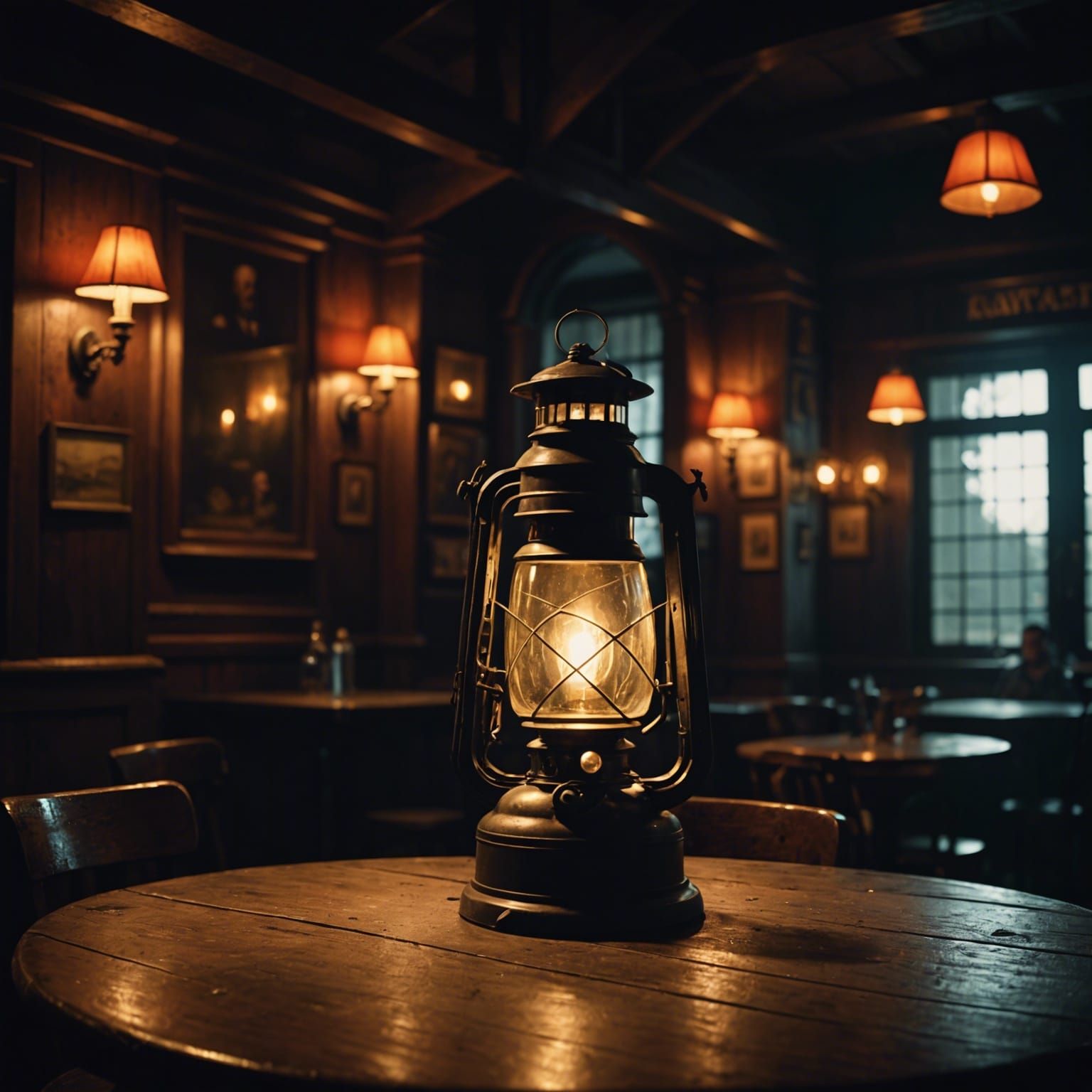 Glowing Lantern in a Dark Old West Saloon