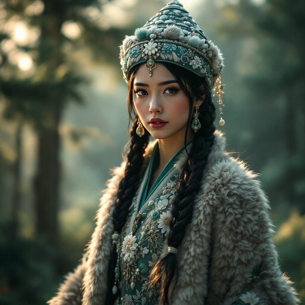 Siberian Shamaness Walks Through Emerald Taiga in Hyper-Real...