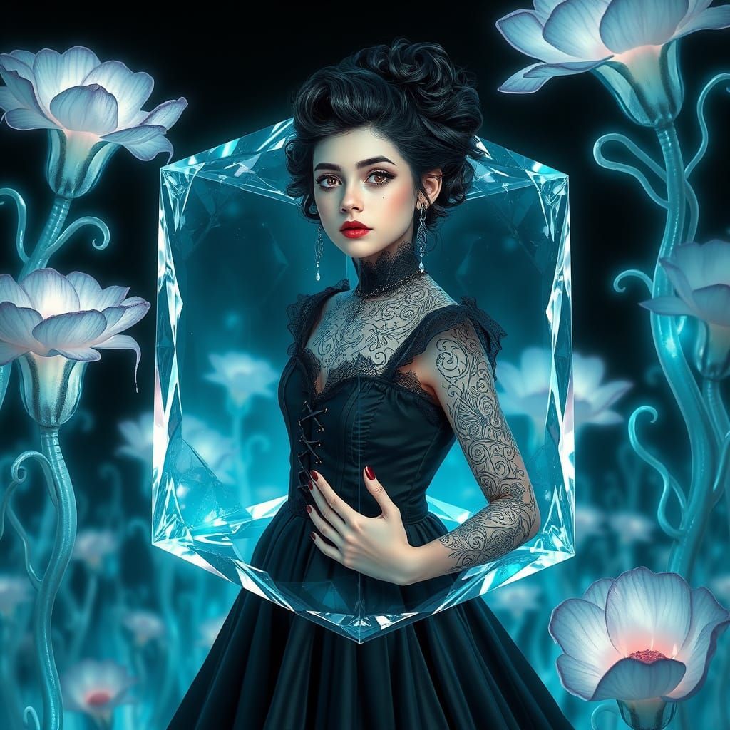 Goth Girl in 4D Tesseract amidst Liquid Flowers and Biolumin...