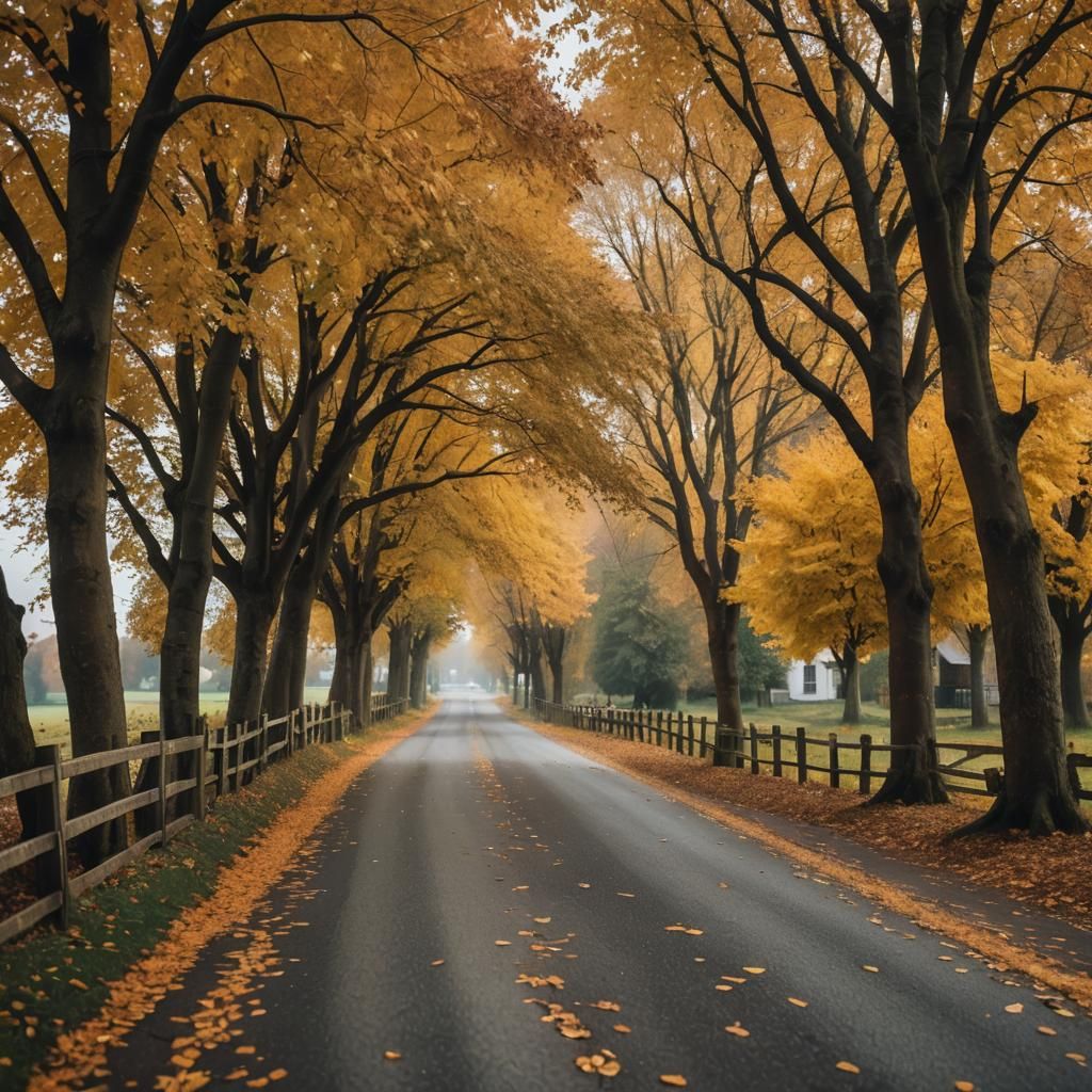 Autumn Road to Serene Village: Cinematic Landscape