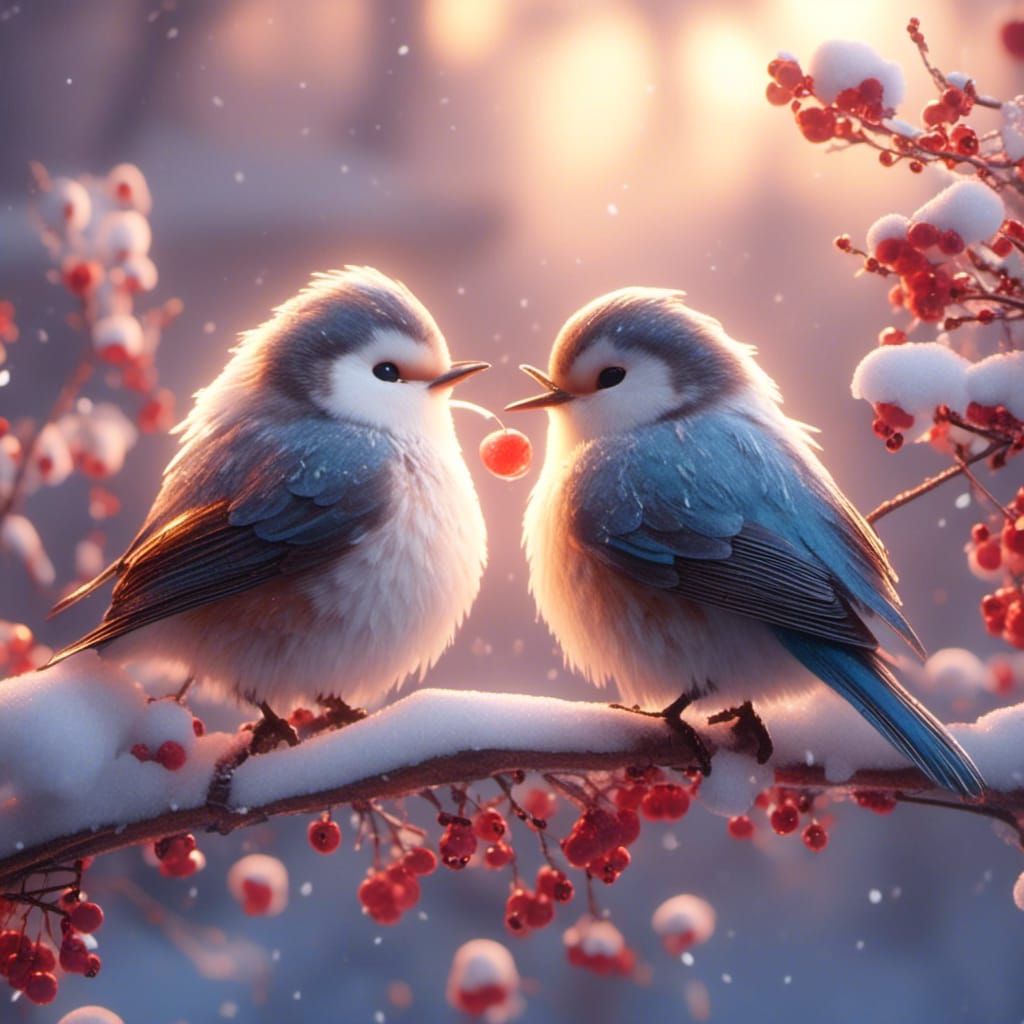 Snow Birds Nuzzling on Branch in Digital Art