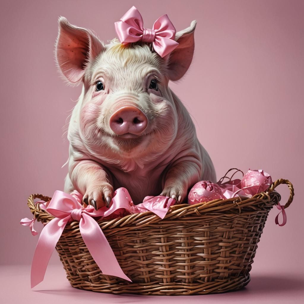 Pink pig holding a basket. She has a pink bow in her hair