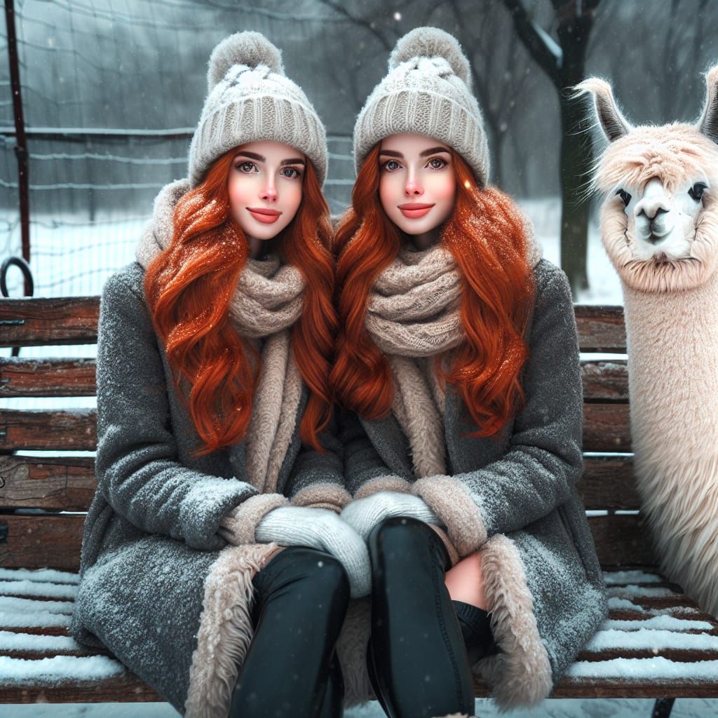 Ginger Twins and Llama in Snowy Park