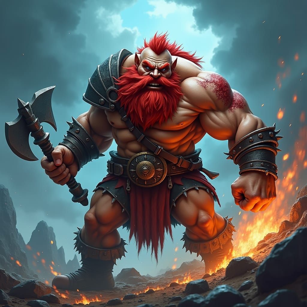 Fierce Dwarf Berserker with Axe in Stormy Landscape