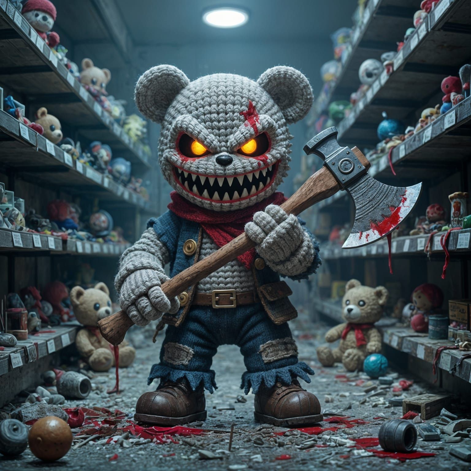 Scary Knitted Toy with Axe in Destroyed Store