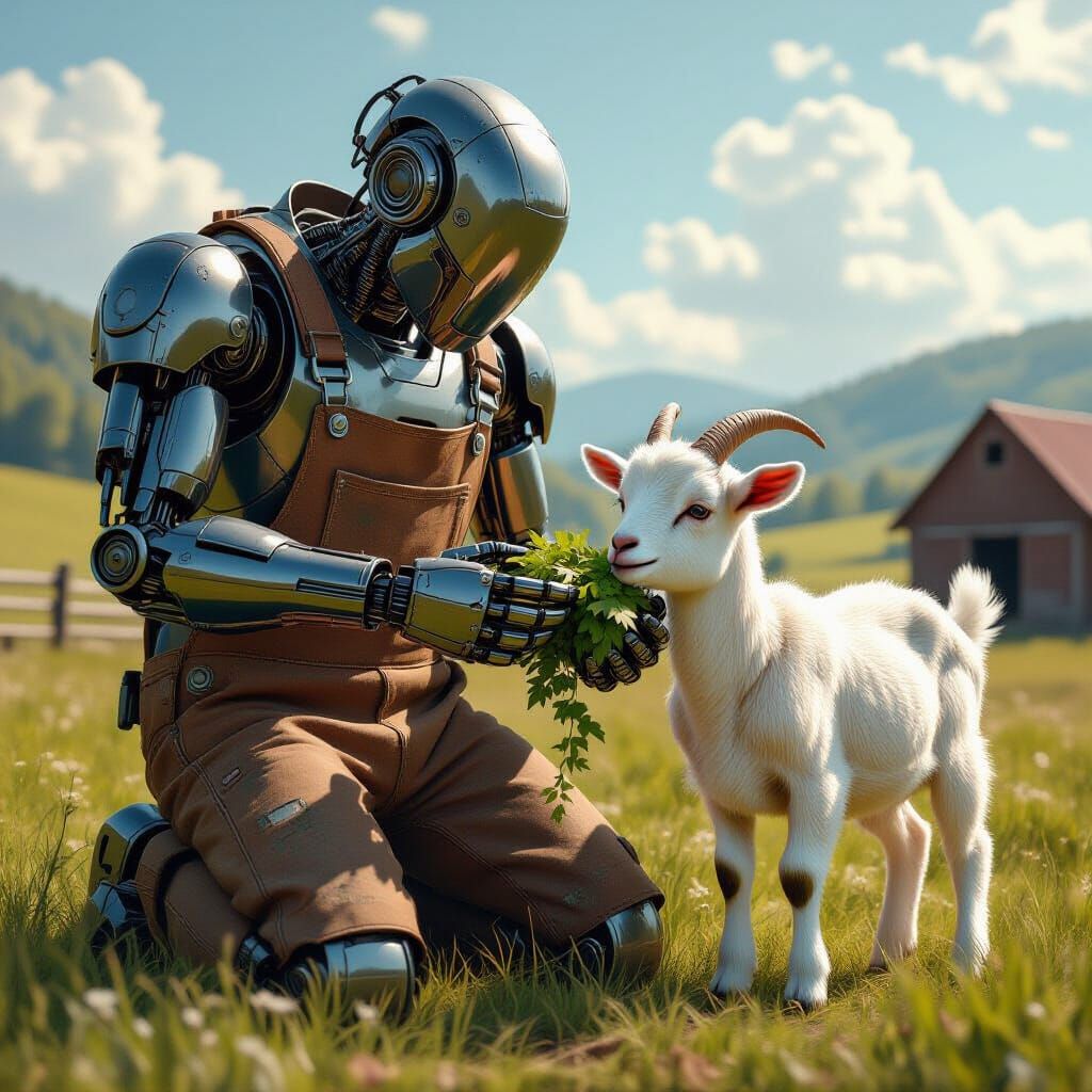 Metallic Robot Feeds Goat Ivy in Hyperrealistic Digital Pain...