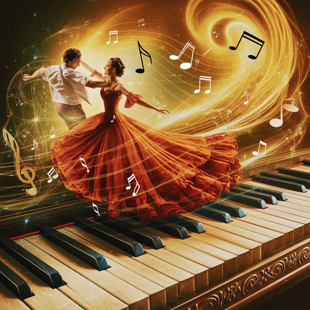 Man and Woman dancing lovingly on piano with music notes floating