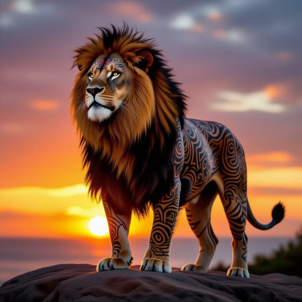 Lion with Tribal Tattoos at Sunset